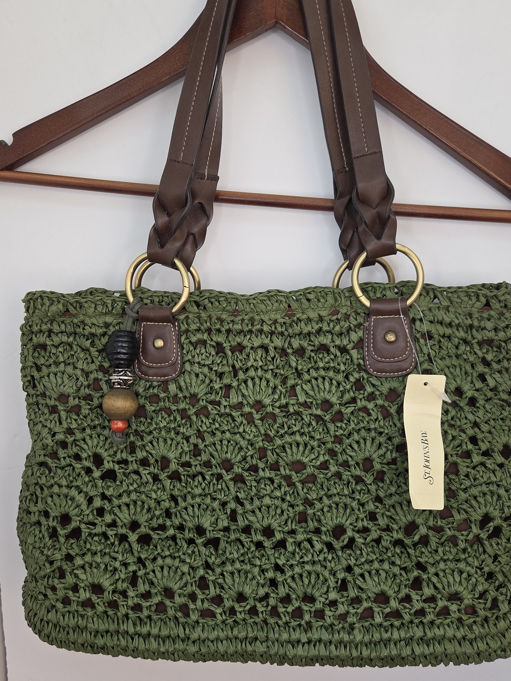 Handcrafted Olive Green Crochet Shoulder Bag with Brown Handles 15x10x4.5"